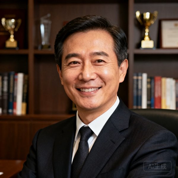 公司创始人兼CEO陈志远的商务肖像照，中年男性身穿深色西装自信微笑，背景为办公室书架