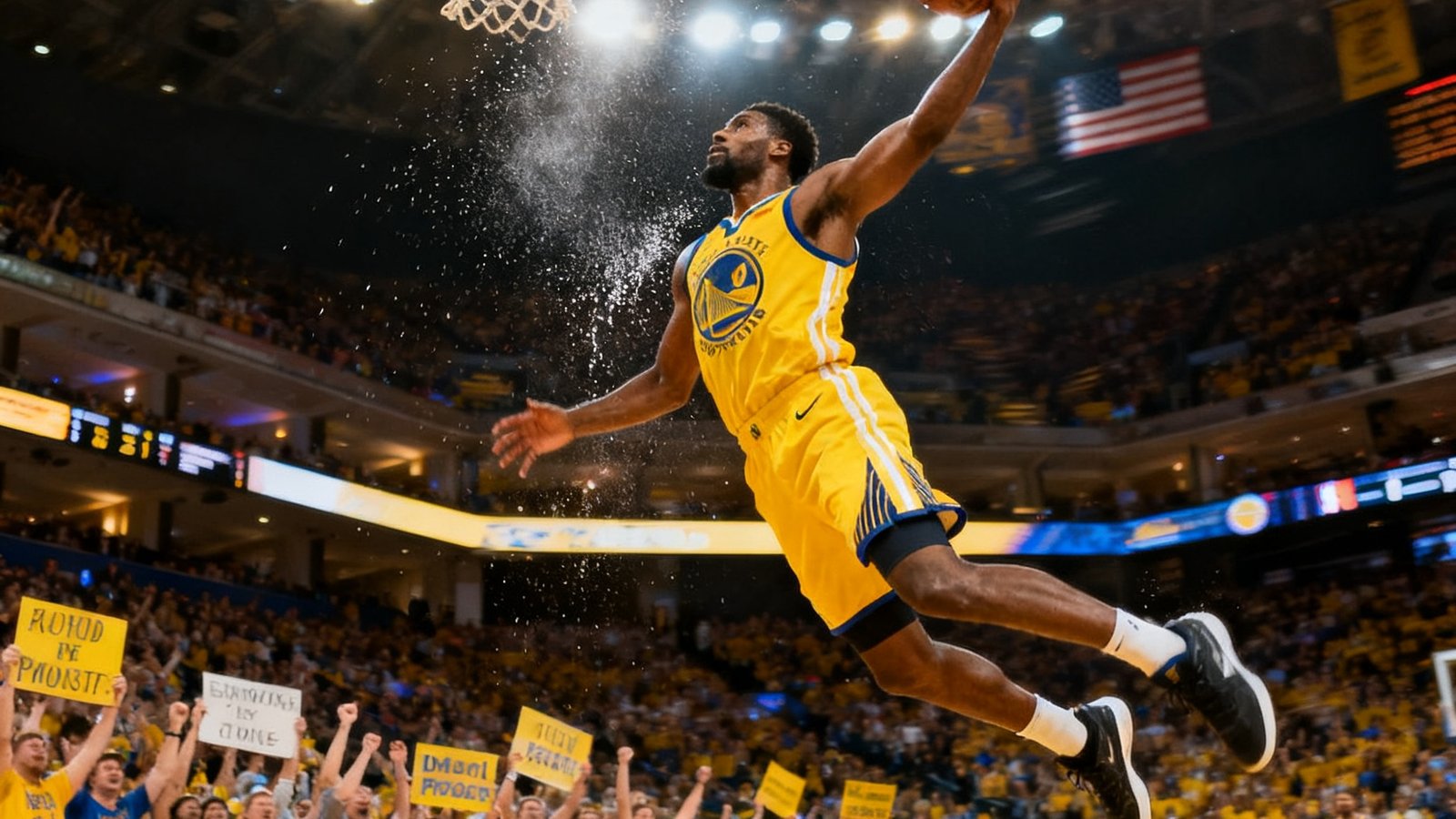 NBA季后赛激烈对抗的赛场瞬间，球员飞跃上篮汗水飞溅，观众席爆满气氛热烈